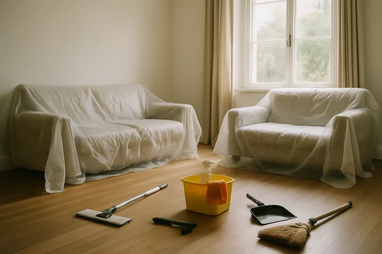 Une pièce en cours de nettoyage avec des outils et des bâches, lumière douce