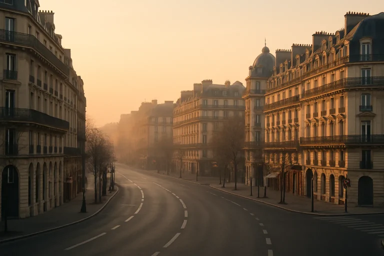 Rue parisienne au lever du soleil, idéal pour choisir une entreprise de nettoyage.