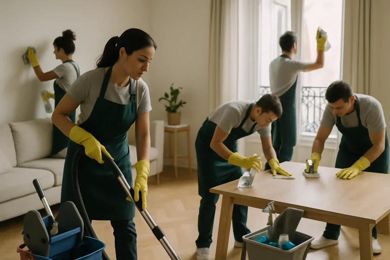 Équipe de nettoyage travaillant dans un appartement insalubre à Paris, outils visibles.