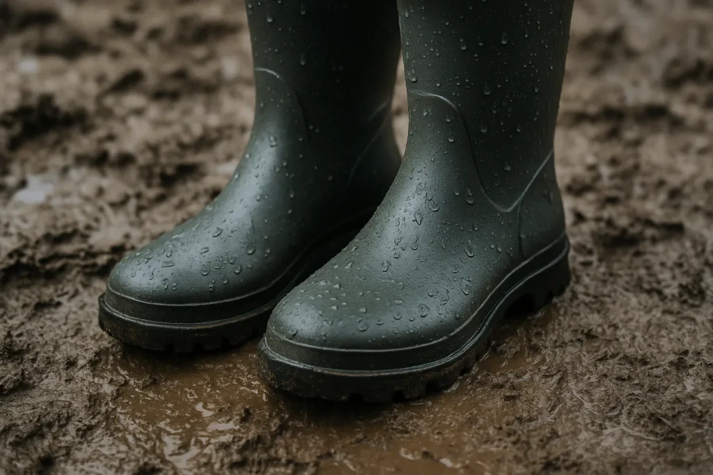 Bottes en caoutchouc posées sur un sol boueux, éclairage naturel