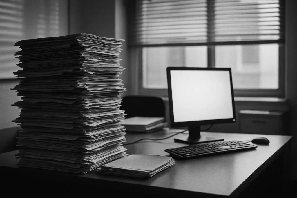 Bureau administratif avec dossiers empilés et ordinateur, en noir et blanc