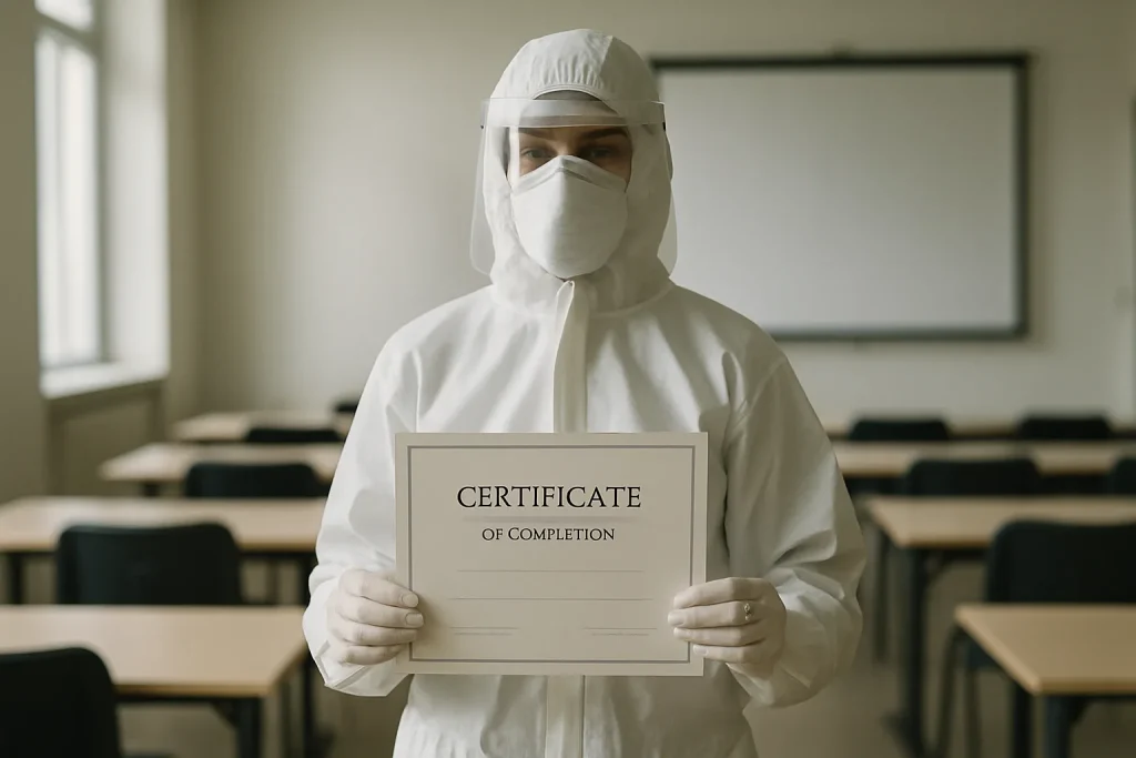 Silhouette en combinaison de protection tenant un certificat de formation dans une salle floue