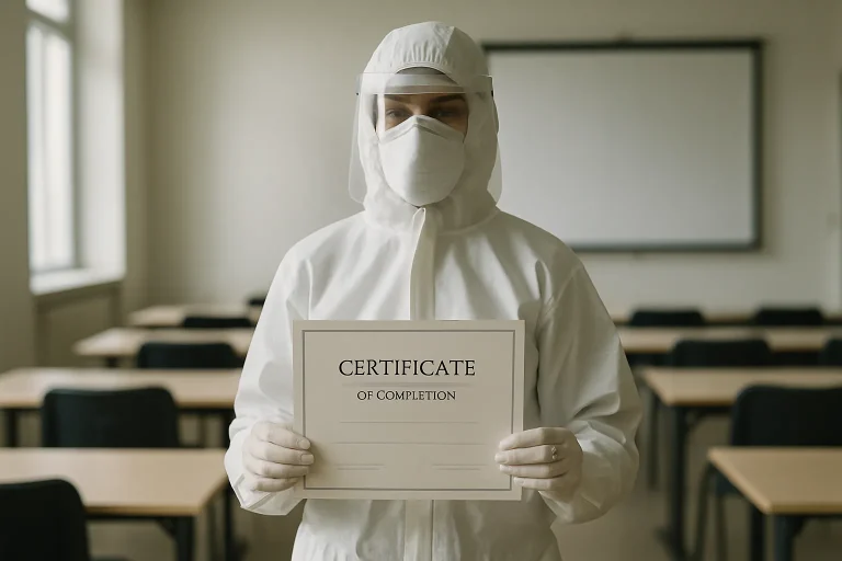 Silhouette en combinaison de protection tenant un certificat de formation dans une salle floue
