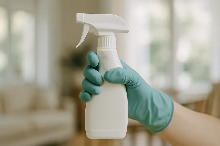 Main en gant tenant un vaporisateur désinfectant devant un intérieur flou