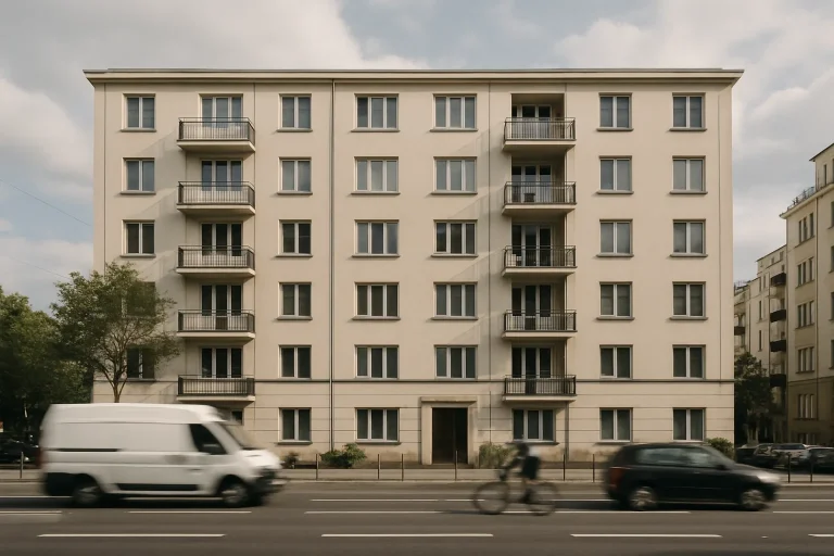 Façade d'un immeuble résidentiel avec rue animée et ciel nuageux
