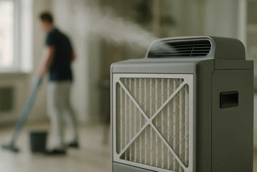 Purificateur d'air industriel avec technologie de filtration, intérieur en arrière-plan flou