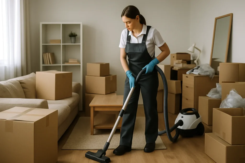 Équipe de nettoyage travaillant dans un appartement encombré, focus sur cartons et meubles.