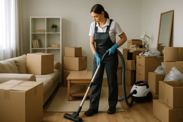 Équipe de nettoyage travaillant dans un appartement encombré, focus sur cartons et meubles.