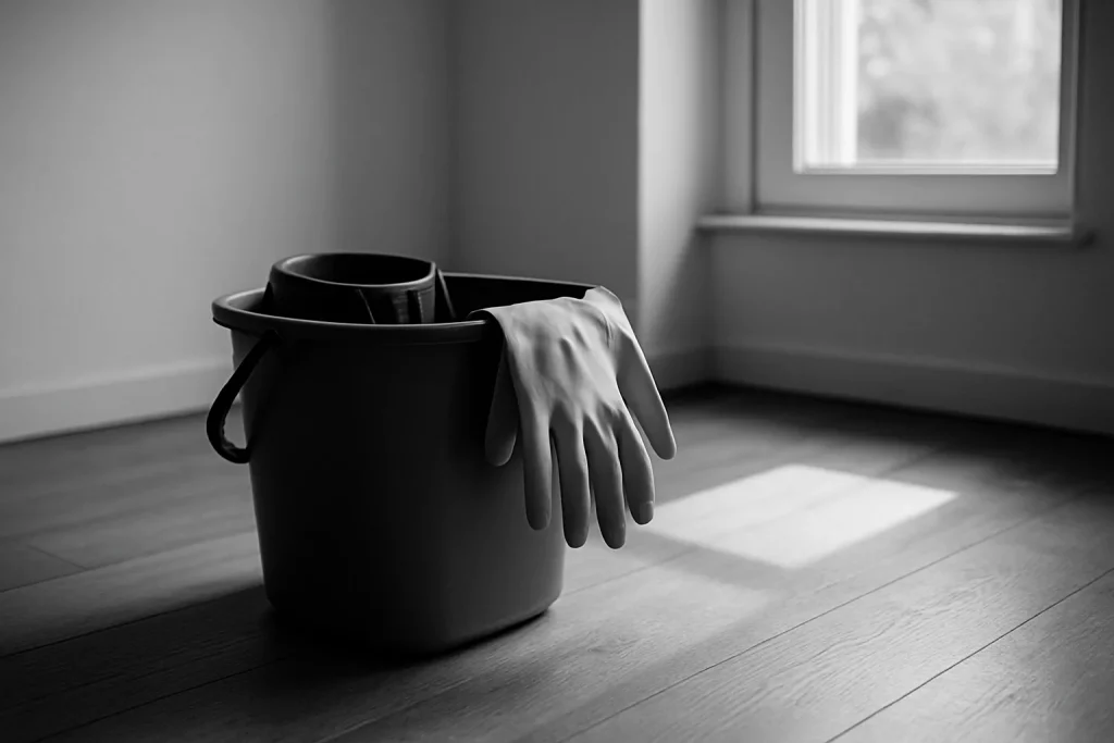 Un seau de nettoyage et des gants en caoutchouc dans une pièce vide avec lumière naturelle.