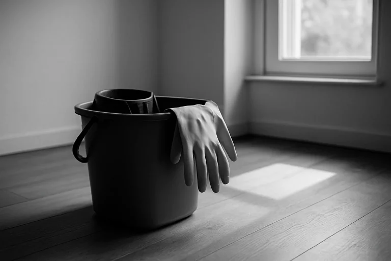 Un seau de nettoyage et des gants en caoutchouc dans une pièce vide avec lumière naturelle.