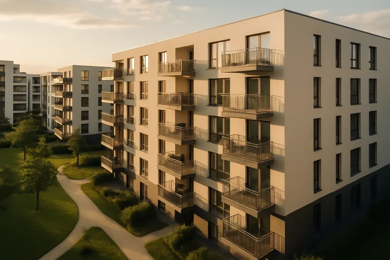 Complexe d'appartements modernes à la lumière dorée du soir, balcons et espaces verts visibles.