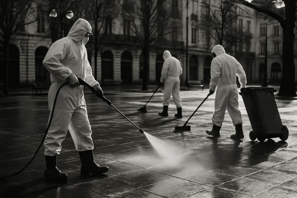 Agents de nettoyage en combinaison dans un lieu public vu en noir et blanc.