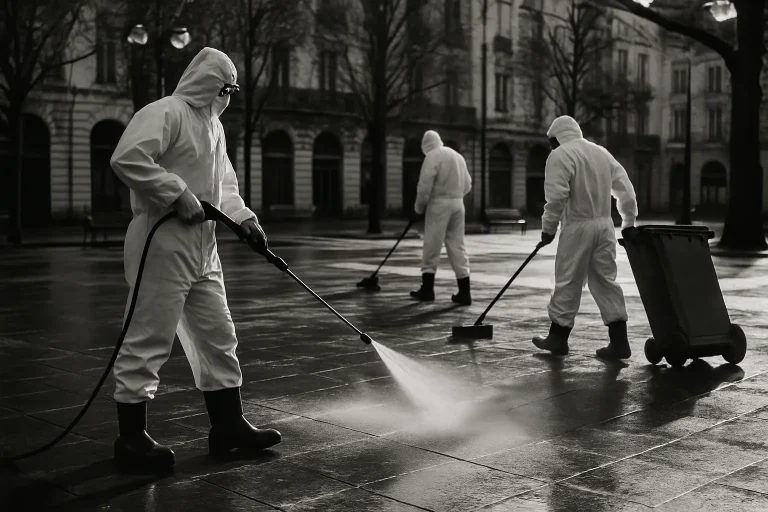 Agents de nettoyage en combinaison dans un lieu public vu en noir et blanc.