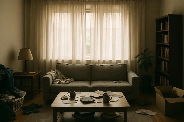 Salle de séjour encombrée avec lumière douce du matin, prête pour un débarras post-mortem.