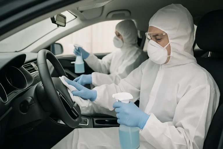 Techniciens en tenue de protection effectuant la décontamination d'un véhicule.