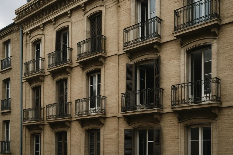 Façade d'un immeuble résidentiel avec balcons et fenêtres ouvertes