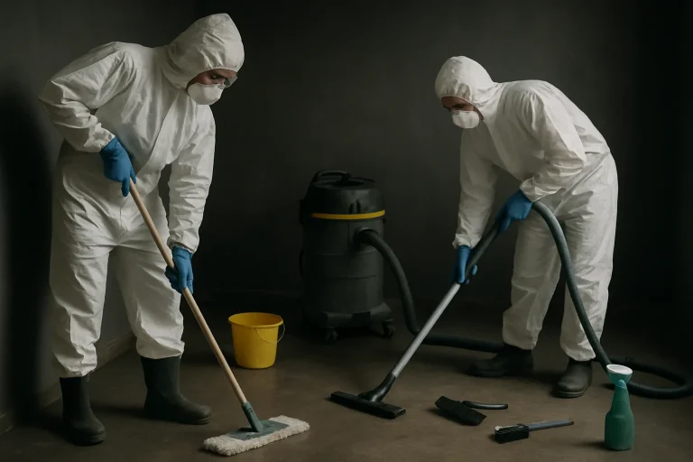 Techniciens en combinaison de protection nettoyant une pièce sombre avec outils de nettoyage.