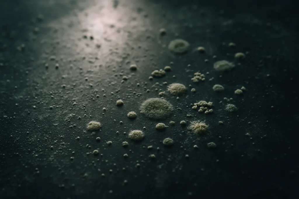 Gros plan sur une surface poussiéreuse et contaminée, éclairage naturel