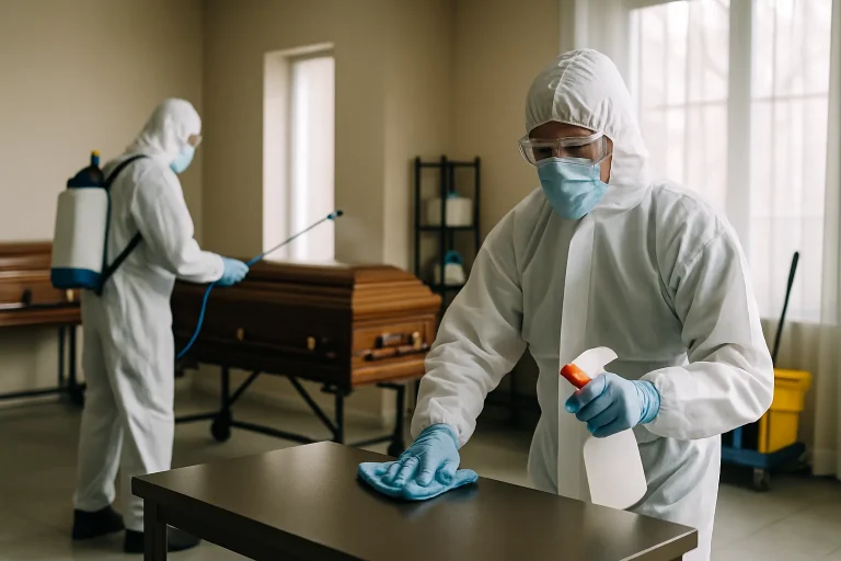 Techniciens en tenue de protection désinfectant un funérarium, lumière douce.