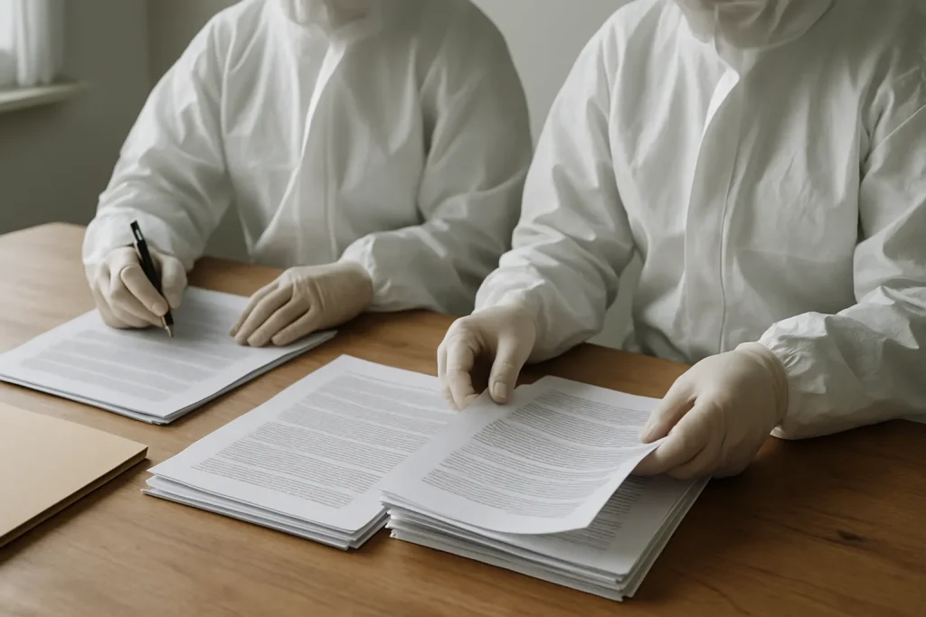 Techniciens en combinaison de protection manipulant des documents légaux lors d'un nettoyage.