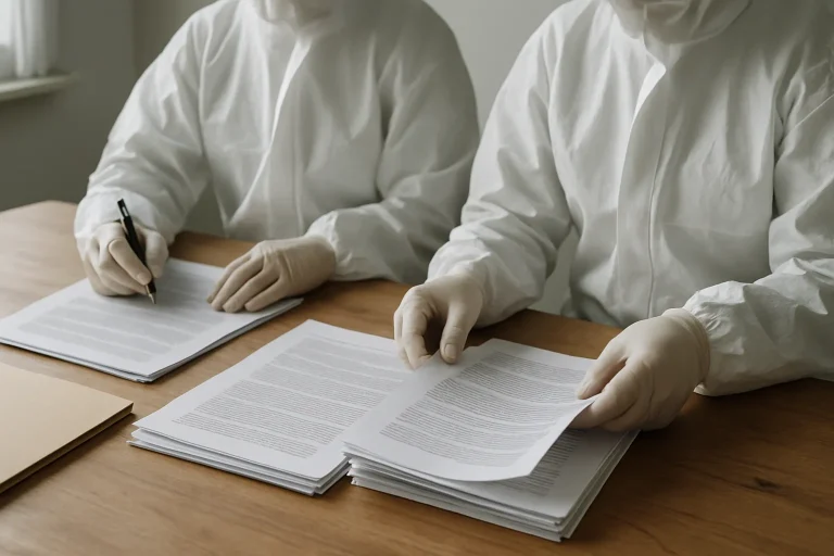 Techniciens en combinaison de protection manipulant des documents légaux lors d'un nettoyage.