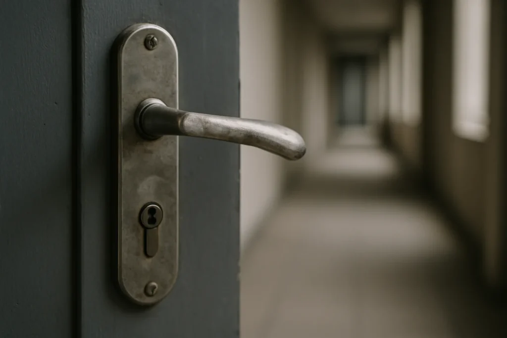 Poignée de porte en métal avec traces de doigts dans un couloir flou