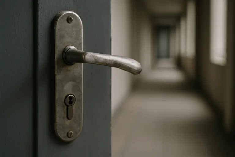 Poignée de porte en métal avec traces de doigts dans un couloir flou