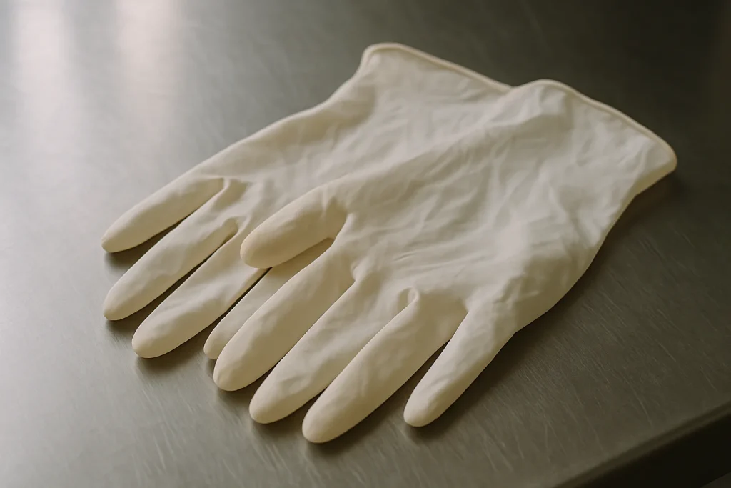 Paire de gants en latex sur table en acier, lumière douce
