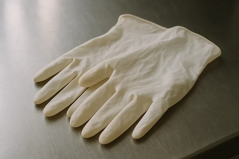 Paire de gants en latex sur table en acier, lumière douce
