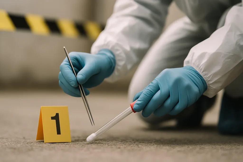 Mains gantées utilisant des outils sur une scène de crime, rubans de sécurité visibles.