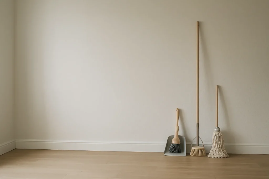 Pièce vide avec outils de nettoyage rangés, lumière douce, ambiance calme
