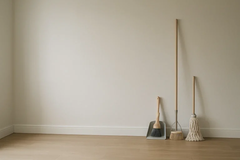 Pièce vide avec outils de nettoyage rangés, lumière douce, ambiance calme