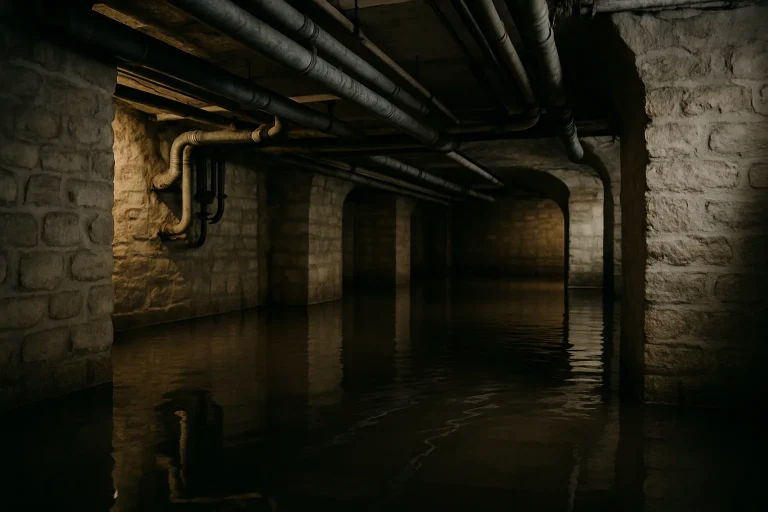 Sous-sol inondé dans un immeuble parisien, eau stagnante sur le sol.