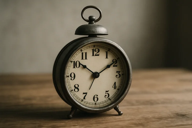 Gros plan d'une horloge ancienne en métal sur une table en bois, lumière naturelle