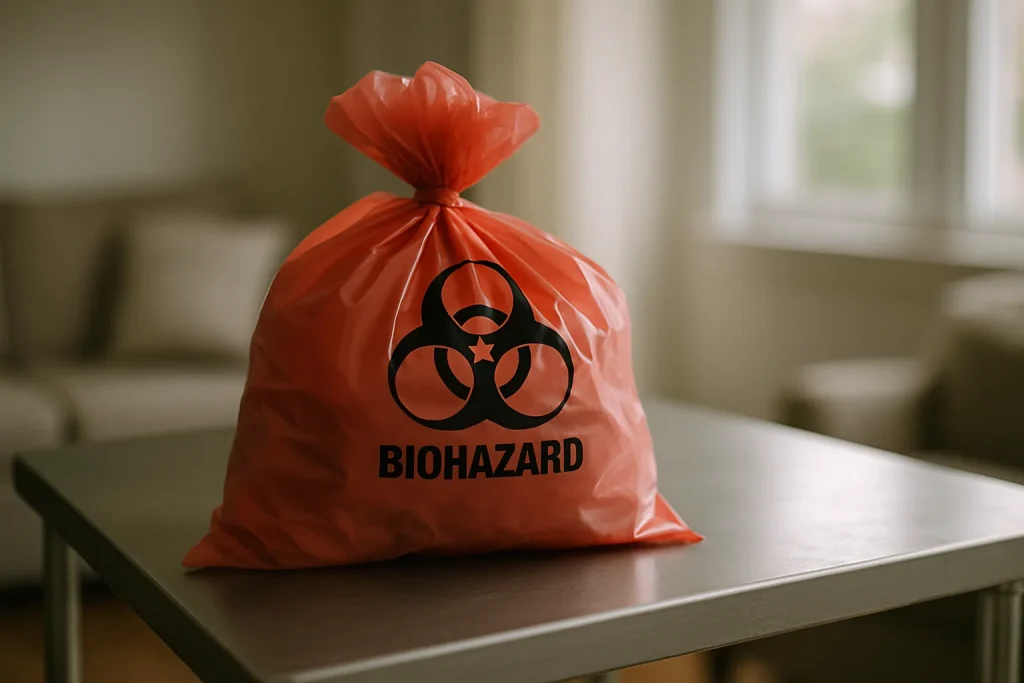 Sac de déchets biomédicaux scellé sur une table en métal, lumière douce