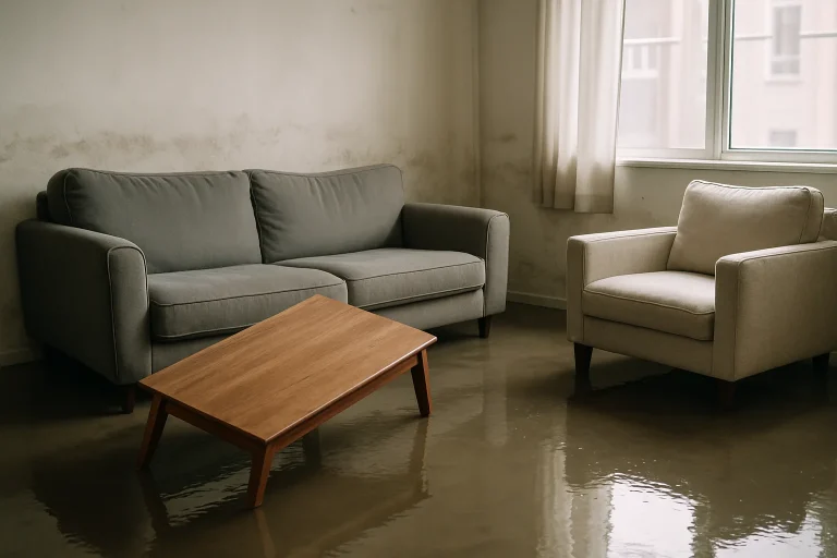 Salon avec mobilier déplacé et traces d'eau sur les murs après une inondation, éclairage naturel.