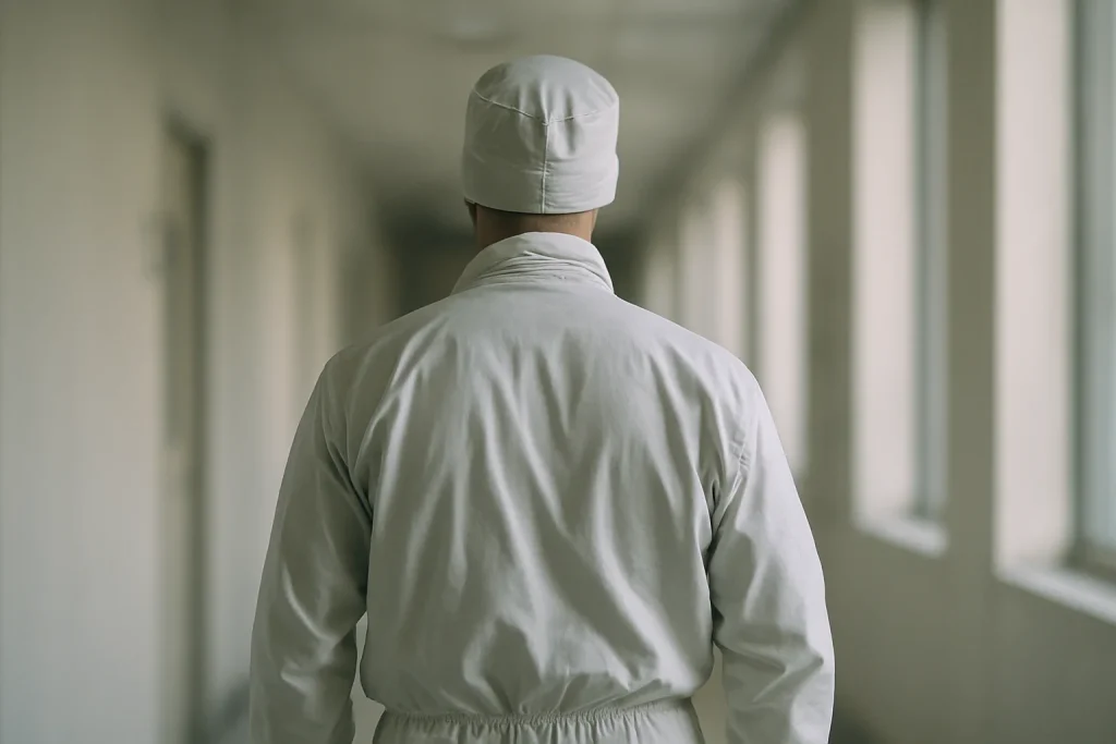 Silhouette de dos d'un technicien en combinaison dans un couloir flou.