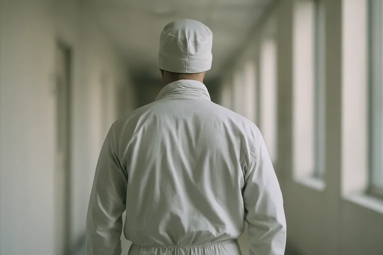 Silhouette de dos d'un technicien en combinaison dans un couloir flou.