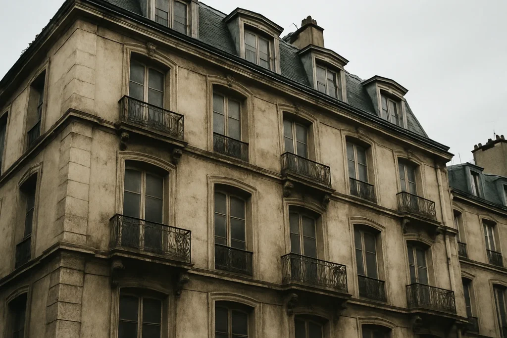 Façade d'un immeuble ancien à Paris montrant des signes de vétusté.