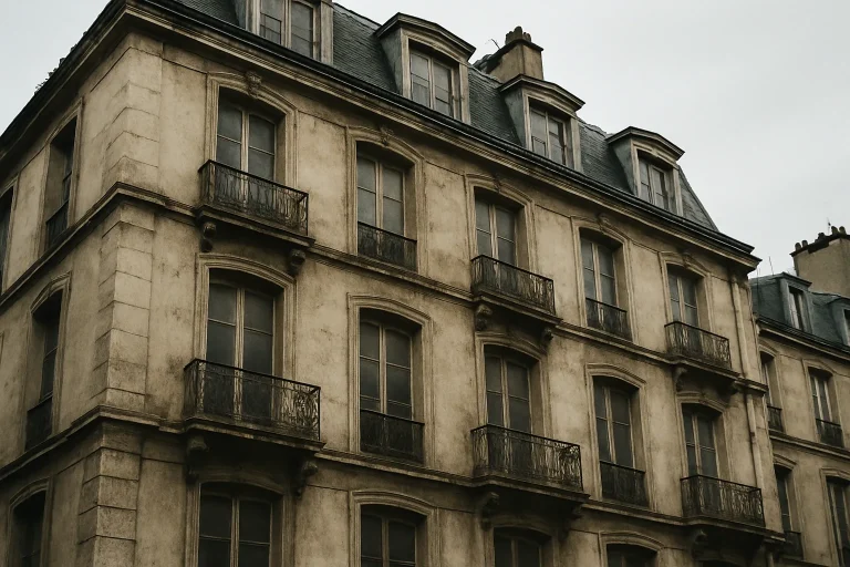 Façade d'un immeuble ancien à Paris montrant des signes de vétusté.