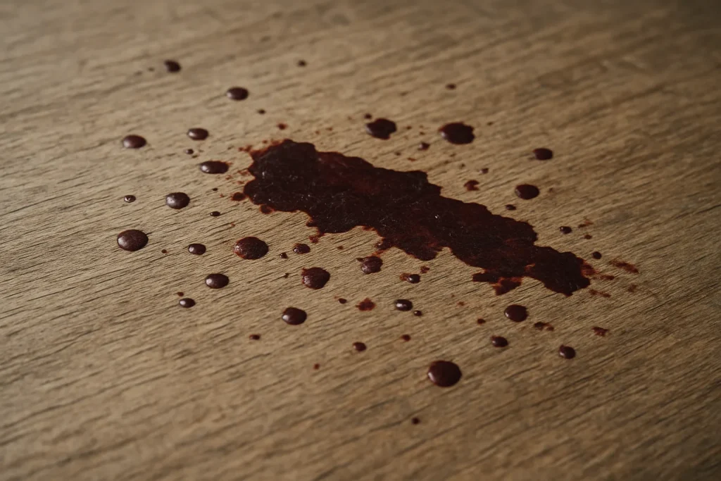 Gros plan sur une surface en bois avec des traces de liquide rouge séché nécessitant une désinfection