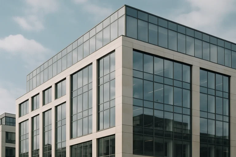 Bâtiment administratif moderne à Paris sous la lumière du jour, façade vitrée.