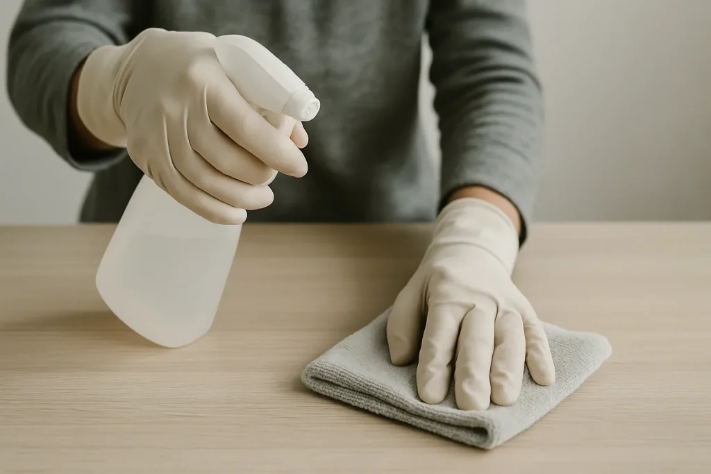 Des mains gantées manipulent un produit de nettoyage sur une table, éclairage neutre.