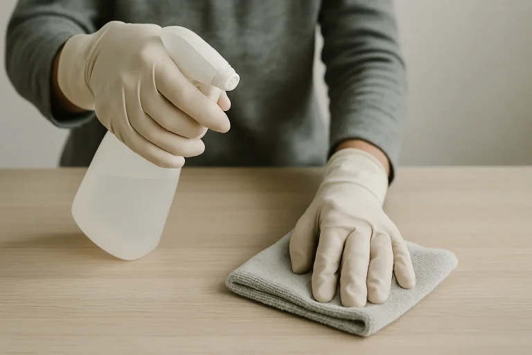 Des mains gantées manipulent un produit de nettoyage sur une table, éclairage neutre.