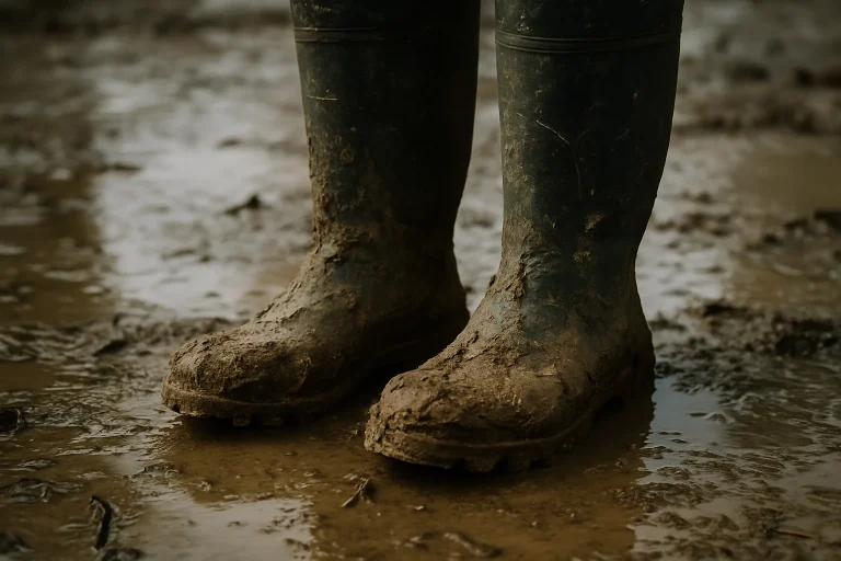 Bottes en caoutchouc recouvertes de boue sur un sol humide après une inondation