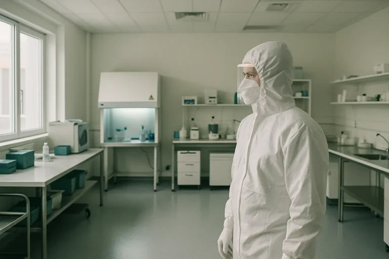 Laboratoire de décontamination avec technicien en combinaison de protection, équipements visibles.