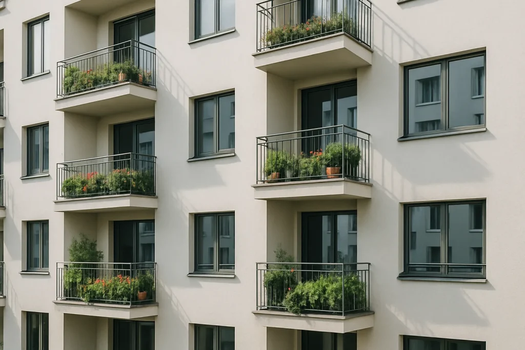 Façade d'un immeuble résidentiel moderne avec balcons et fleurs, éclairage diurne.