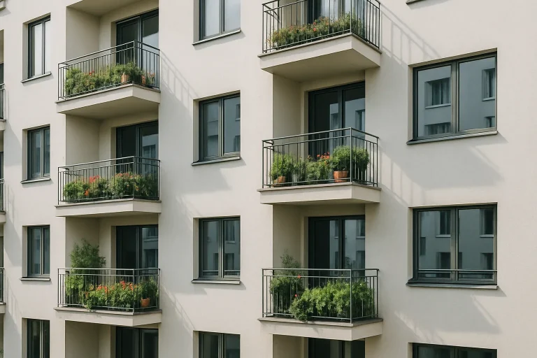 Façade d'un immeuble résidentiel moderne avec balcons et fleurs, éclairage diurne.