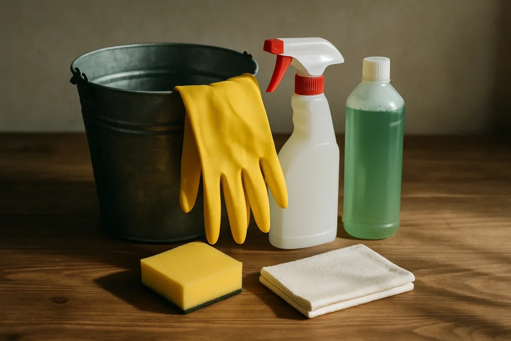 Outils de nettoyage sur une table en bois, lumière latérale, seau et produits désinfectants.