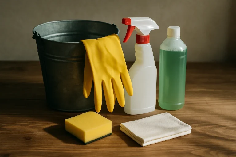 Outils de nettoyage sur une table en bois, lumière latérale, seau et produits désinfectants.